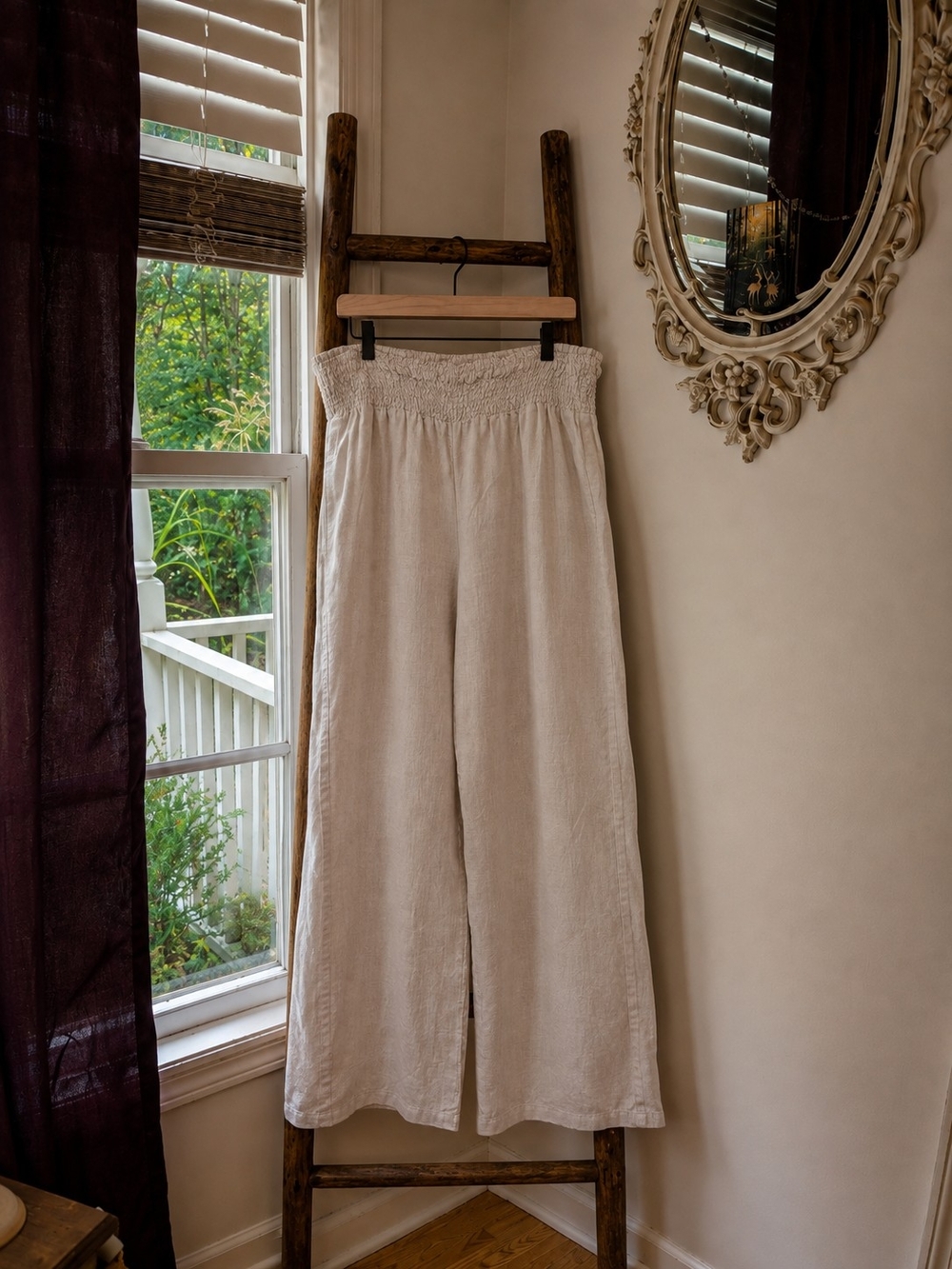 Smocked Waist Wide Leg Linen Pants Boho Shabby Casual - Picture 1 of 9